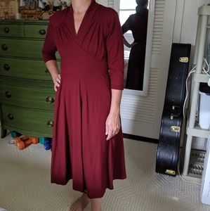 eShakti Maroon Feminine Pleated Cotton Knit Dress